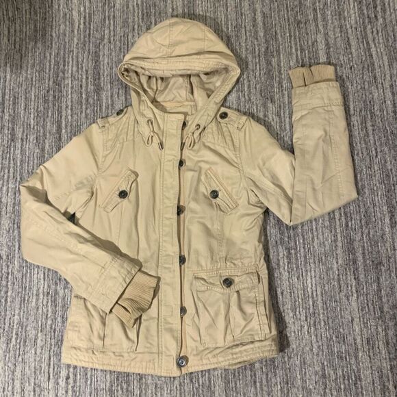 Aeropostale Aero87 Women’s Large Hooded‎ Coat Tan Khaki Pockets Button And Zip - Picture 1 of 6